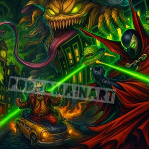 May include: Comic book artwork depicting Spawn in a red cape, engaged in combat with a monstrous entity. The scene is set in a city with green laser beams and a yellow car. A fiery hydrant adds to the action.