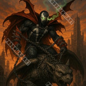 Puede incluir: Ilustración digital de un superhéroe con traje negro, emblema blanco, capa roja y cadenas, montado sobre una gárgola. El fondo muestra un paisaje urbano bajo un cielo naranja con luna llena.