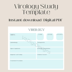 May include: A digital PDF template for virology study, featuring a light blue and white design. The template includes sections for Virion, Epidemiology, Signs & Symptoms, Diagnosis, and Treatment. Text on the template includes "Virology Study Template" and "Instant download | Digital PDF."