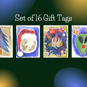 Printable Christmas Gift Tags – Space / Sci-Fi Watercolor Tags – Set of 16 – Instant Download