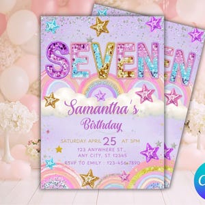 Puede incluir: Dos invitaciones para una fiesta de cumpleaños. Las invitaciones son de color lavanda con un arcoíris, estrellas y la palabra "SEVEN" en letras coloridas. El texto dice "Samantha's Birthday" e incluye detalles del evento.