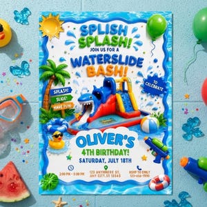 Op de afbeelding: Een rechthoekige uitnodiging met een blauwe waterrand, een centrale opblaasbare haaienwaterglijbaan en de tekst SPLISH SPLASH! JOIN US FOR A WATERSLIDE BASH! OLIVER'S 4TH BIRTHDAY! SATURDAY, JULY 18TH, 2:00 PM - 5:00 PM.
