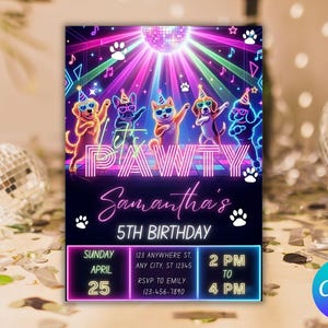 Editable Dogs Dance Party Invite, Editable Canva Template, Neon Disco Party Birthday for Kids, Dogs  Pawty Birthday Invitation,5x7 Printable