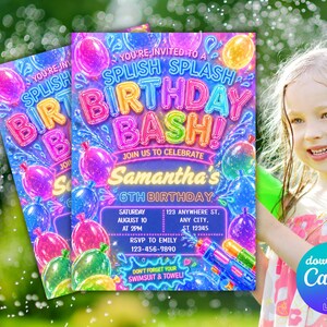 Op de afbeelding: Twee feestuitnodigingen met een levendig ontwerp. De uitnodigingen luiden "Splish Splash Birthday Bash!" met kleurrijke ballonnen en een waterpistoolillustratie. De tekst bevat details voor een 6e verjaardagsfeest.