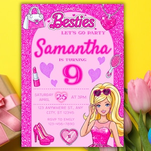 以下が含まれることがあります： 「Come on Besties, Let's Go Party」と「Samantha is turning 9」の文字が入ったピンク色の誕生日パーティーの招待状。ハンドバッグ、口紅、ハート、ヘアブラシ、ハイヒール、バービー風のキャラクターのイラストが特徴です。