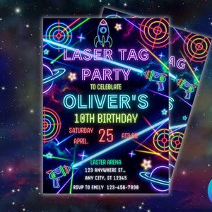 Laser Tag Birthday Invitation, Neon Space Party Invite, Galaxy Laser Arena, Galactic Party Style, Glow in the Dark, Editable Canva Template