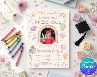 Invito per la festa di diploma della scuola materna a tema arcobaleno pastello | Invito fotografico modificabile su Canva | Festa di diploma per la scuola materna | Classe del 2026