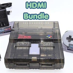 SNES Super Nintendo Console with Smoke Black Transparent Shell and OEM Hardware Includes HDMI + More
