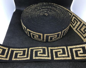 Elastic Band Trim By the yard  4cm Wide - Perfect for Headbands Hat Bands Exotic Dancewear - Greek Key Black & Gold Metallic