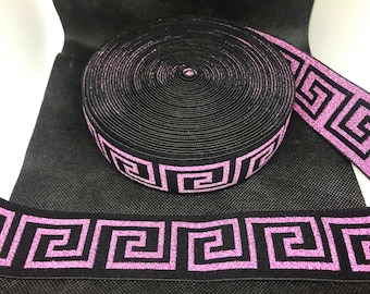 Elastic Band Trim By the yard  4cm Wide - Perfect for Headbands Hat Bands Exotic Dancewear - Greek Key Black & Pink Metallic