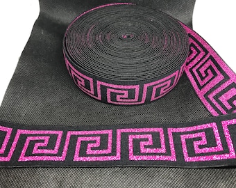 Elastic Band Trim By the yard  4cm Wide - Perfect for Headbands Hat Bands Exotic Dancewear - Greek Key Black & Fuschia Metallic