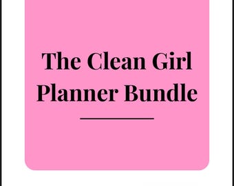 Puede incluir: Un cuadrado rosa con esquinas redondeadas presenta el texto "The Clean Girl Planner Bundle" en negro. Debajo del título están las palabras "daily, weekly, money, fitness, self-care". Las palabras "Designed by Soft Life Digital" están en la parte inferior.