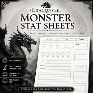 Może przedstawiać: Czarno-biała grafika z smokiem i tekstem "DRAGONVEIL MONSTER STAT SHEETS". Projekt zawiera szablon arkusza statystyk do śledzenia stworzeń, z sekcjami dla klasy pancerza, punktów życia i umiejętności.