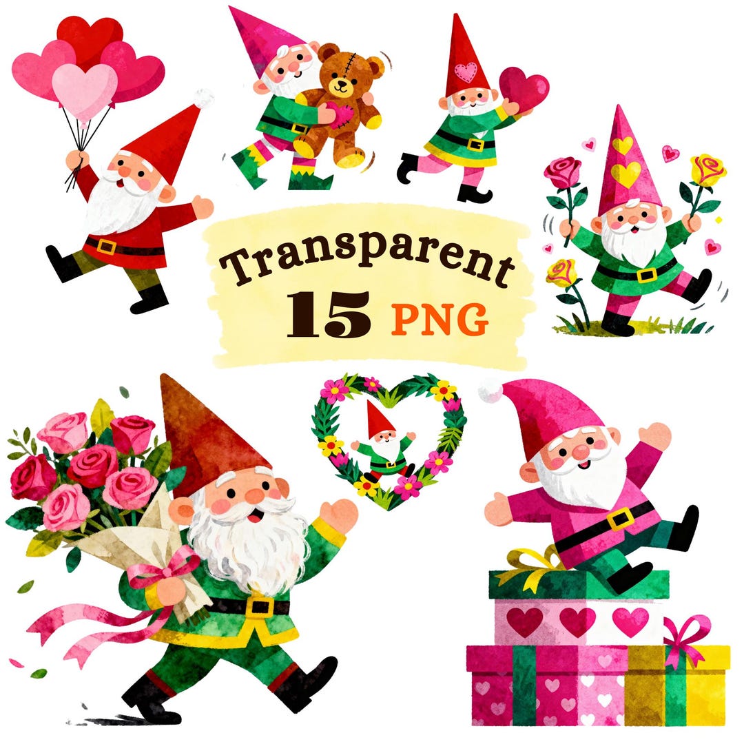 Valentine Gnome PNG Bundle, Watercolor Love Gnomes Clipart (digital ...