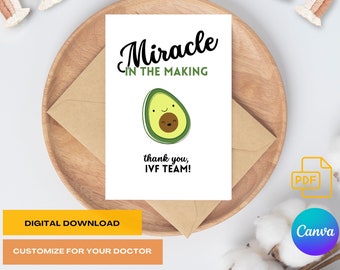 Tarjeta de agradecimiento del médico de FIV, regalo de anuncio de embarazo, plantilla personalizada de clínica in vitro, graduación de FIV de fertilidad de Embaby de gratitud digital