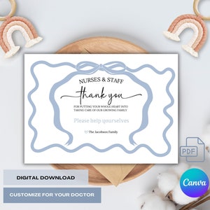 Baby Boy Thank You Tag für Krankenschwester Geschenkkorb | Sofortige druckbare oder bearbeitbare Karte für Arbeit & Lieferung Hebamme OBGYN Krankenhauspersonal blaue Schleife