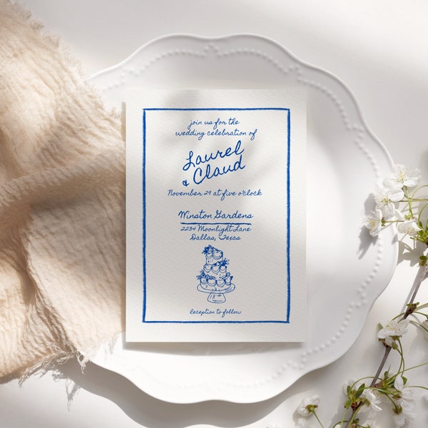 Hand Drawn Wedding Invitation | Scribble Vintage Sketch Editable Invite | French Wedding Invitation Template | Instant Download WI01