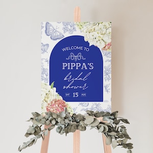 Chinoiserie Bridal Shower Welcome Sign | Delft Blue Vintage Preppy Hydrangeas Grandmillennial Editable Shower Poster Canva Template | SW02