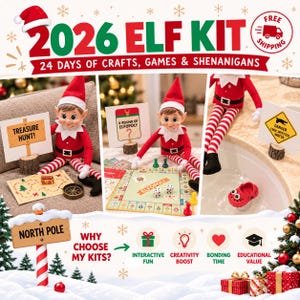 以下が含まれることがあります： 2026年版エルフキット。24日分の工作、ゲーム、いたずら用アイテムが含まれています。キットには、関節が動くエルフの人形、宝探しマップ、エルフポリーのボードゲーム、水に浮かぶ赤いミニチュアのクロッグと危険標識が含まれています。