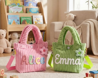 Custom Name Kids Purse, Personalized Corduroy Toddler Bag, Flower Girl Proposal Gift, Preschooler Travel Bag, Small Crossbody Bag for Girls