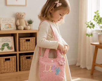 Personalized Toddler Crossbody Bag, Custom Corduroy Kids Purse, Preschool Bag, Name Embroidered Birthday Gift for Girls