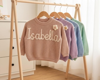 Personalized Baby Sweater, Hand Embroidered Chunky Knit， Newborn Gift