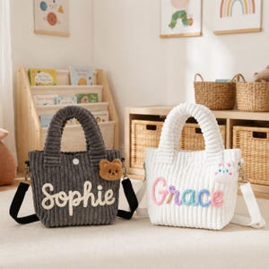Sac à main avec nom personnalisé pour enfant, sac personnalisé pour tout-petit en velours côtelé, cadeau de proposition de fleuriste fille d'honneur, sac de voyage pour enfant d'âge préscolaire, petit sac à bandoulière pour fille