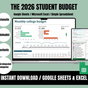 May include: A digital graphic promoting the 2026 Student Budget, compatible with Google Sheets and Microsoft Excel. The image shows a laptop and tablet displaying a monthly college budget with financial data, graphs, and emoji-integrated categories. Text includes "Automatic", "Minimalist", "Aesthetic".