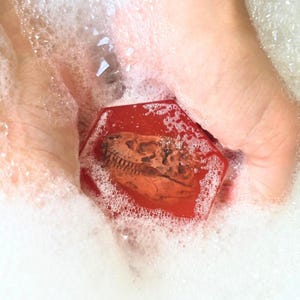 May include: A red, hexagonal soap bar with a dinosaur skull embedded in the center, surrounded by bubbles. The soap is held in a hand, creating a playful and unique bath product.
