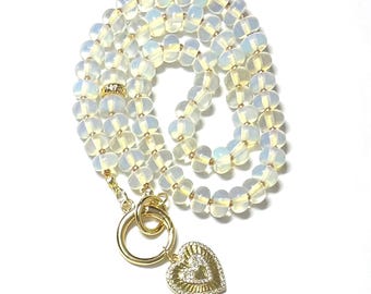 Opaal kralenketting met harthanger, verwijderbare bedel (17 inch) 'Luminous Love'