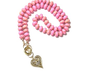 Roze jaspis kralenketting met verwijderbare hartbedel, 16 inch 'Bubblegum Kiss'