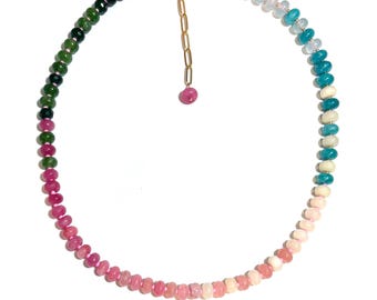 Roze blauwgroene rondelle kralenketting, sierlijke kleurrijke handgemaakte sieraden "Lollipop Lagoon"