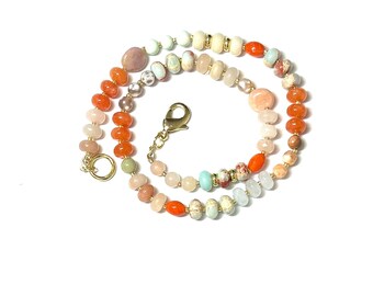 Kralenketting: lichtblauw, beige en oranje, 18 inch 'Warm Breeze'