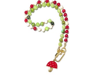 Paddenstoel bedel kralenketting, verwisselbare karabijnsluiting "Mushroom Meadow"