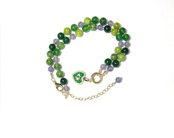 Dainty Green & Lavender Beaded Necklace with Eye Charm. “Lavender Grove”