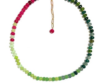 Roze en groene rondelle kralenketting, sierlijke kleurrijke sieraden, handgemaakte verstelbare ketting 'bloemblaadjes aan de vijverkant'