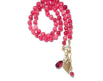 Roze kralenketting: romantische hartbedel, 19 inch 'Rosy Glow'