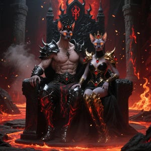 May include: Digital artwork depicting two feline figures, male and female, on a black throne. They wear dark armour and crowns, with glowing orange eyes. The background shows a fiery landscape with lava and a dark, gothic environment.