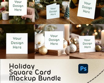 May include: A mockup bundle featuring square cards with the text "Your Design Here" displayed in various holiday settings. The cards are surrounded by candles, ornaments, and greenery. The text "Holiday Square Card Mockup Bundle" is also visible.