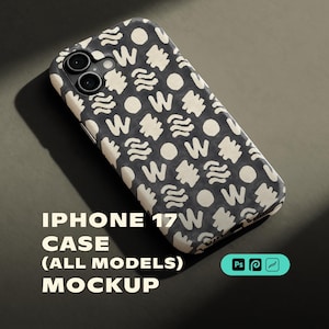 May include: An iPhone case with a dark gray background and a repeating pattern of white shapes, including the letter "W", wavy lines, and circles. The text "IPHONE 17W CASE (ALL MODELS) MOCKUP" is displayed.