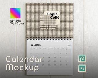 Może przedstawiać: Makieta kalendarza z tłem w kratkę i tekstem "Copié-Collé". Kalendarz wyświetla miesiąc styczeń 2026 roku. Słowa "Calendar Mockup" są wyświetlane na dole. Obraz zawiera również paletę kolorów i logo Photoshopa.
