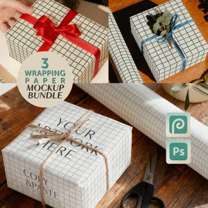 以下が含まれることがあります： グリッドパターンが施されたラッピングペーパーのモックアップバンドル。ギフトボックスは赤いリボン、青い紐と緑、3つ目は紐で結ばれています。「3 Wrapping Paper Mockup Bundle」の文字が見えます。