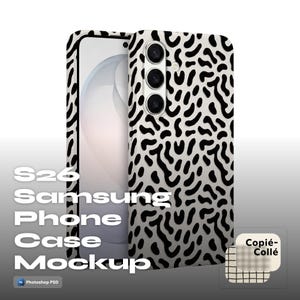 May include: A Samsung S26 phone case mockup with a black and white abstract pattern. The phone case is shown on a white background. The text "S26 Samsung Phone Case Mockup" is displayed in white, bold font.
