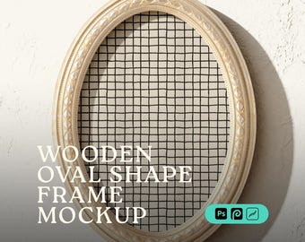 Mockup di cornice ovale in legno PSD, arte murale antica e ornata / espositore di lusso minimale, oggetto intelligente