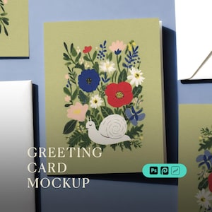 May include: A greeting card mockup featuring a floral design with a snail illustration. The card has a light green background with colorful flowers and the text "GREETING CARD MOCKUP".