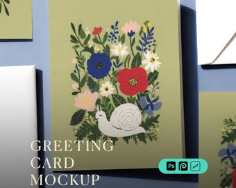 May include: A greeting card mockup featuring a floral design with a snail illustration. The card has a light green background with colorful flowers and the text "GREETING CARD MOCKUP".