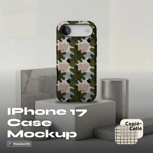 Può includere: Un mockup di custodia per iPhone 17 con un motivo floreale nei toni del verde, rosa e blu. La custodia è esposta su una piattaforma grigia con il testo "iPhone 17 Case Mockup".