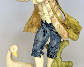 Capodimonte Style Boy Playing Flute Goose Figurine Italy Porcelain Wood Base VTG