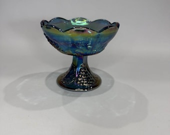 Carnival Indiana Glass Blue Iridescent Grape Leaf Pedestal Compote Bowl MCM VTG