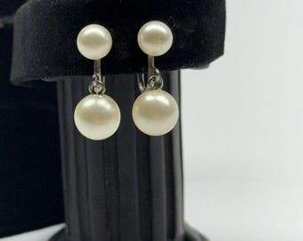 フェイクパールドロップピアス スクリューバック シルバートーン ダブルパール 1個 ヴィンテージ